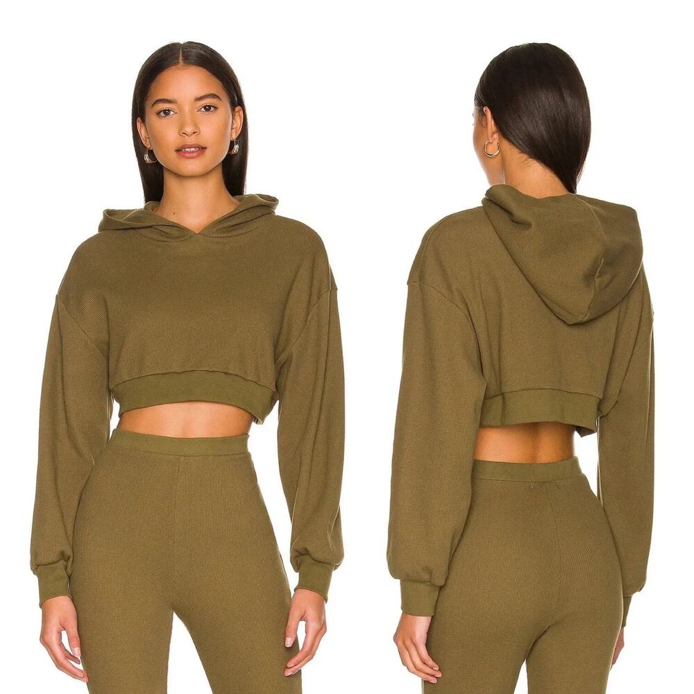 Lovers & Friends Winslow Hoodie Crop‎ Top Olive Green Thermal Sz XS